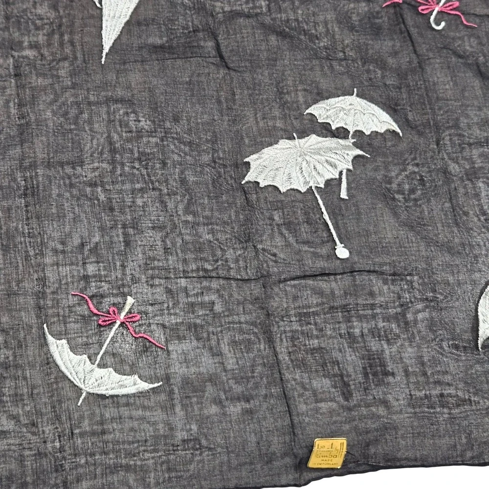 Vintage 60 Kimball Switzerland Embroidered Scarf Black White Umbrellas Pink Bows